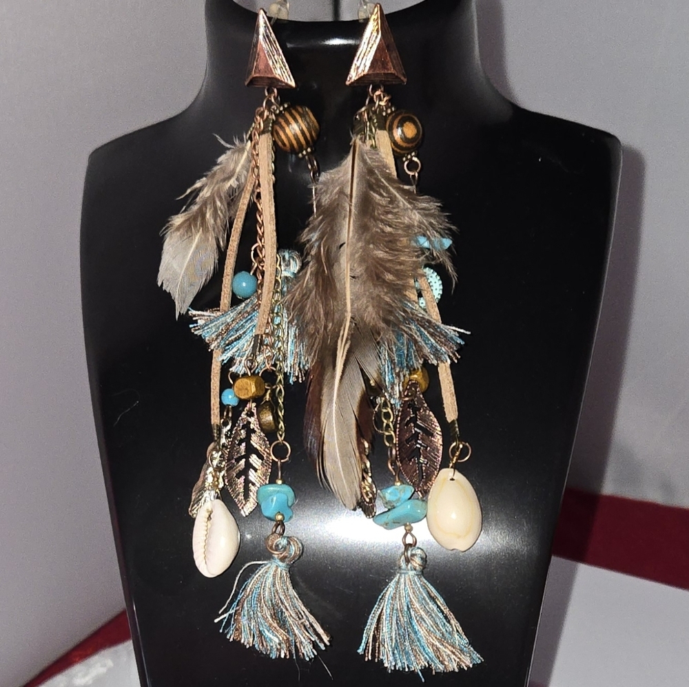 Long Bohemian Feather Tassel Earrings β Copper & Turquoise Festival Statement - Picture 5 of 7